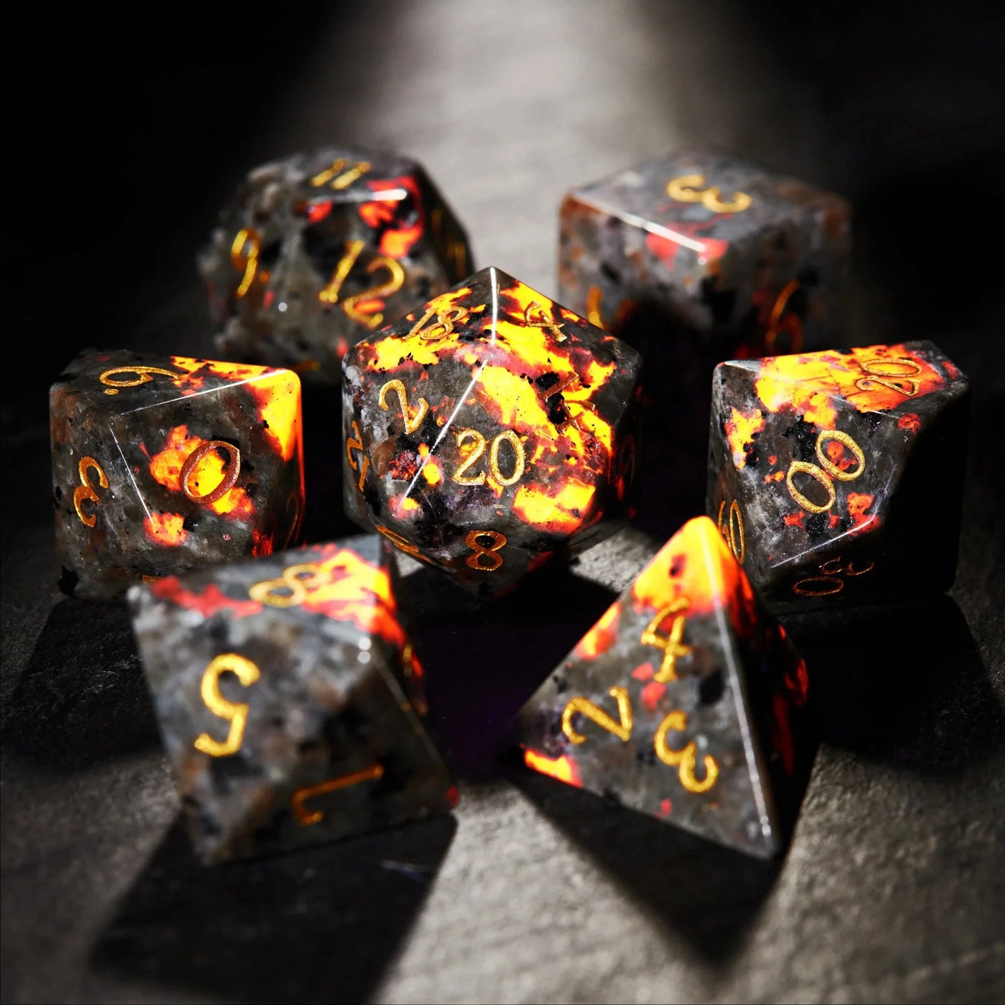 Flame Stone Polyhedral Dice Set – Ignite Your Adventure with Volcanic Fury