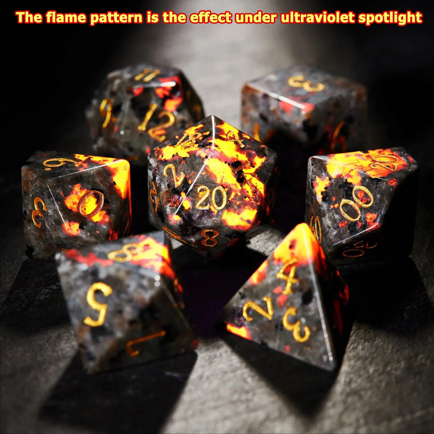 Flame Stone Polyhedral Dice Set – Ignite Your Adventure with Volcanic Fury